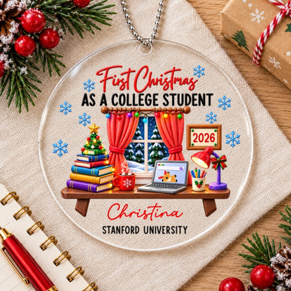 College Student With Desk Design - Personalized Acrylic Ornament - Christmas Gift For New Student, Boy, Girl