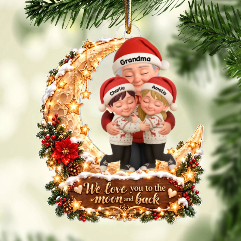 Grandma Grandkid Hugging on Moon - Personalized Acrylic Ornament - Christmas Gift for Grandma, Grandkids
