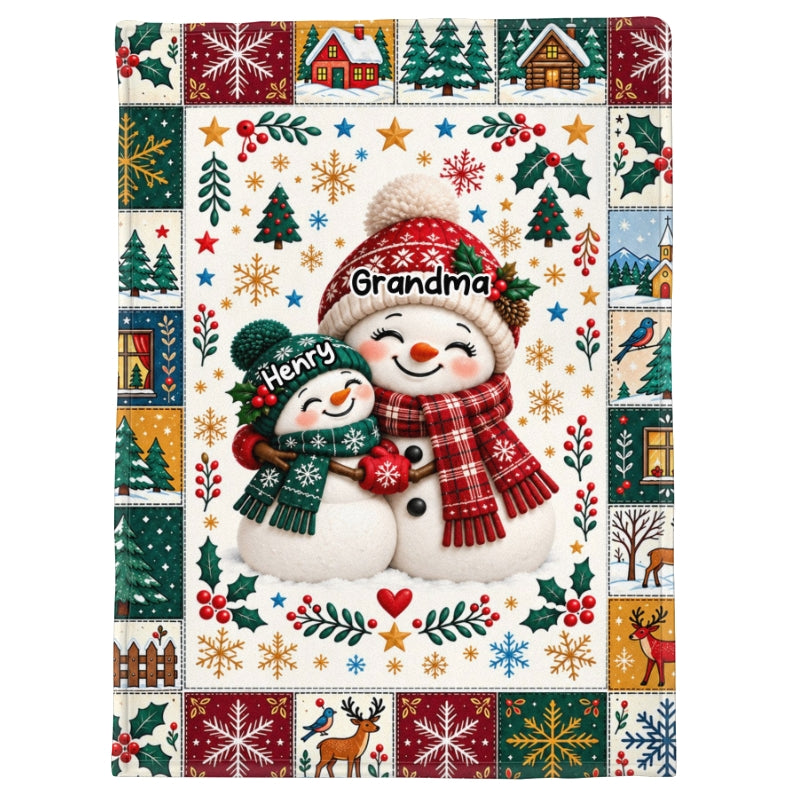 Snowman Grandma Grandkids Hugging - Personalized Fleece Blanket - Christmas Gift for Grandma, Grandkids