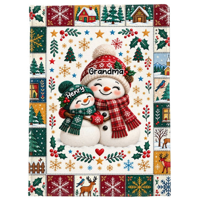 Snowman Grandma Grandkids Hugging - Personalized Fleece Blanket - Christmas Gift for Grandma, Grandkids