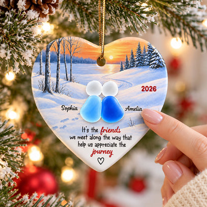 Friends Along The Way Winter Sunset Heart - Personalized Ceramic Ornament With Acrylic Pieces - Christmas Gift For Best Friend, Bestie, Soul Sister, Friendship Keepsake
