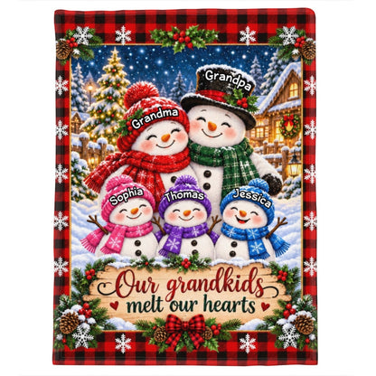 Cute Snowman Grandparents & Grandkids - Personalized Fleece Blanket - Christmas Gift For Grandparents