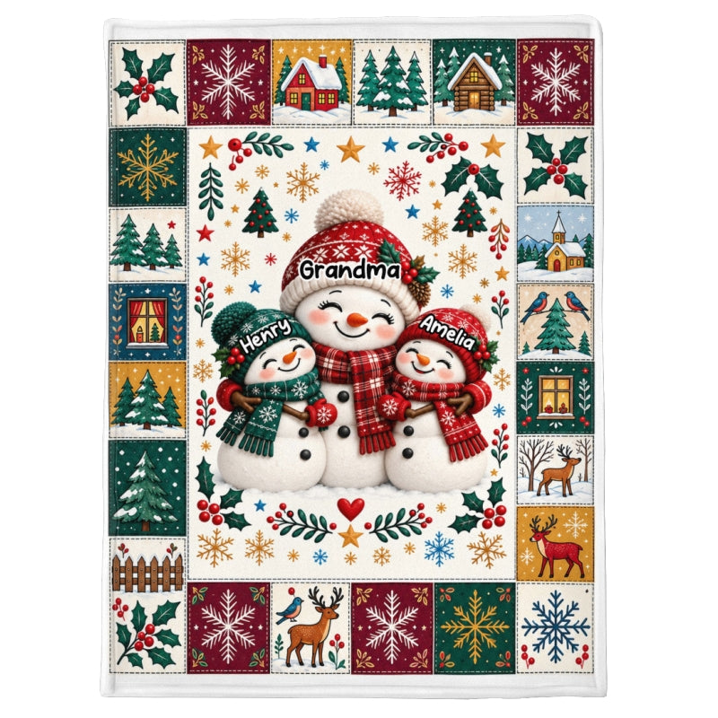 Snowman Grandma Grandkids Hugging - Personalized Fleece Blanket - Christmas Gift for Grandma, Grandkids