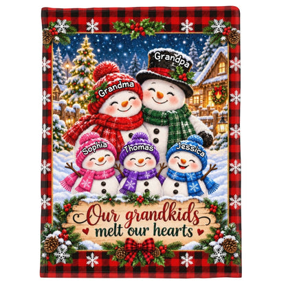 Cute Snowman Grandparents & Grandkids - Personalized Fleece Blanket - Christmas Gift For Grandparents
