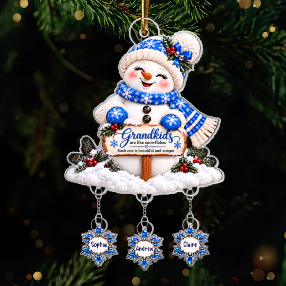 Grandkids Are Snowflakes Grandma Snowman - Personalized Acrylic Ornament With Hanging Pieces - Christmas gift for Grandma