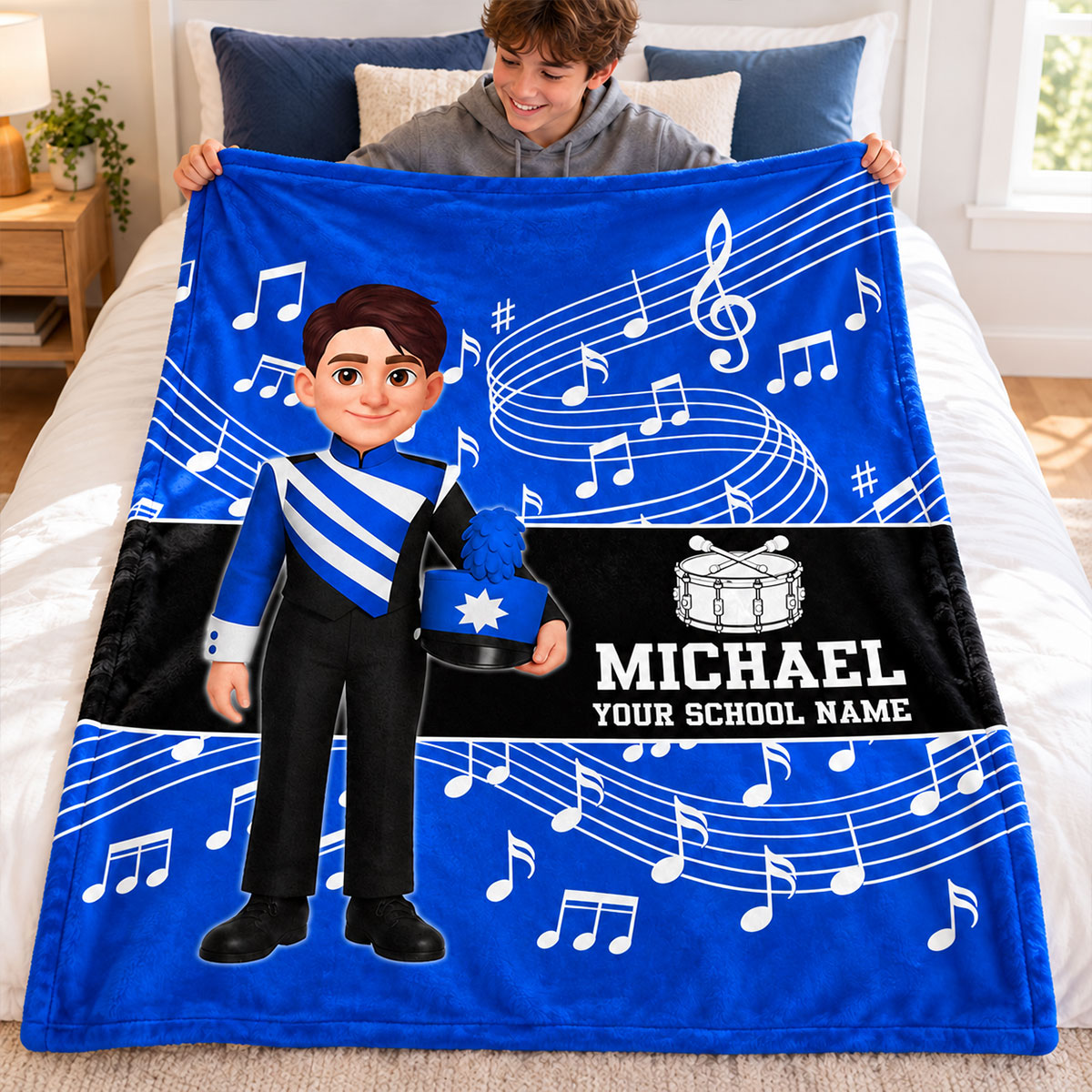 Custom Music Marching Band, Orchestra, Personalized Name, Color, School, Instrument, Trumpet, Clarinet, Tuba, Violine - Personalized Fleece Blanket - Christmas Gift For Son, Grandson, Daughter, Granddaughter