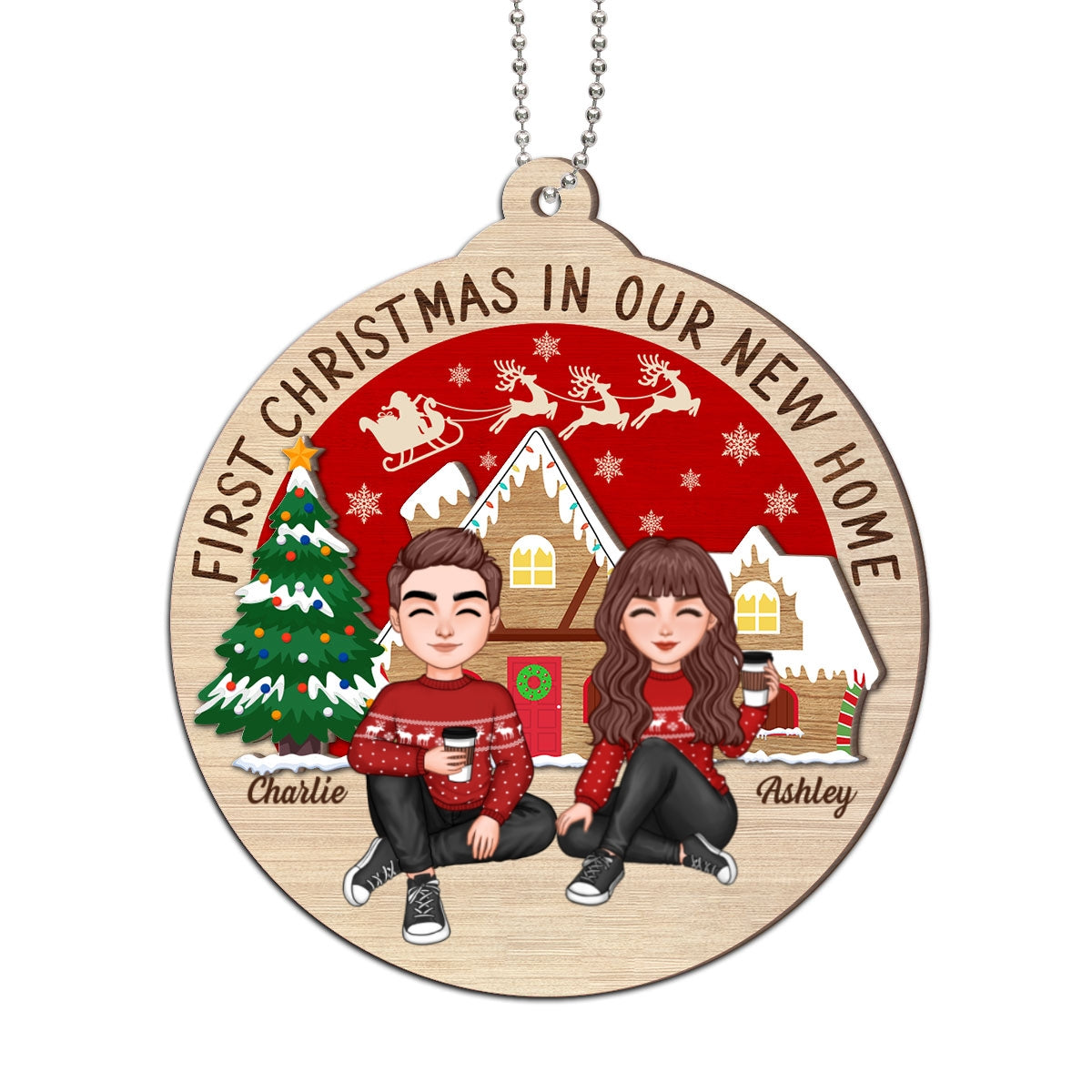 First Christmas In Our New Home Couple Sitting Personalized 2-Layer Wooden Ornament
