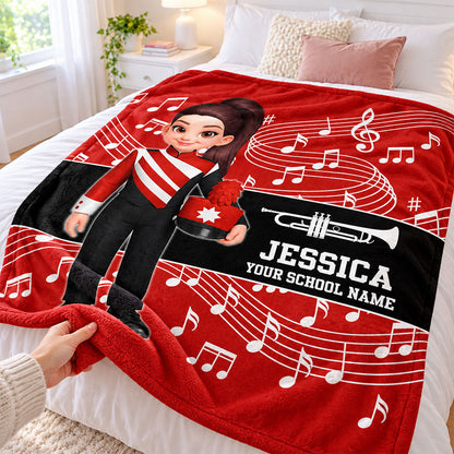 Custom Music Marching Band, Orchestra, Personalized Name, Color, School, Instrument, Trumpet, Clarinet, Tuba, Violine - Personalized Fleece Blanket - Christmas Gift For Son, Grandson, Daughter, Granddaughter
