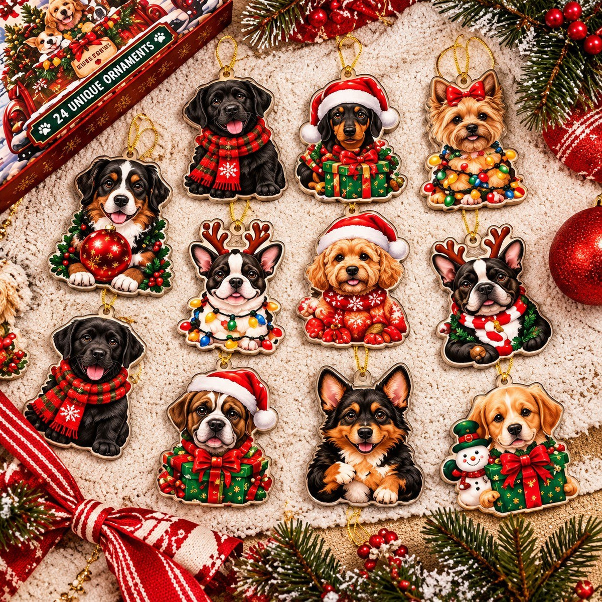 Dog Advent Calendar 2026 – 24-Piece Flat Acrylic Christmas Dog Ornaments for Dog Lovers