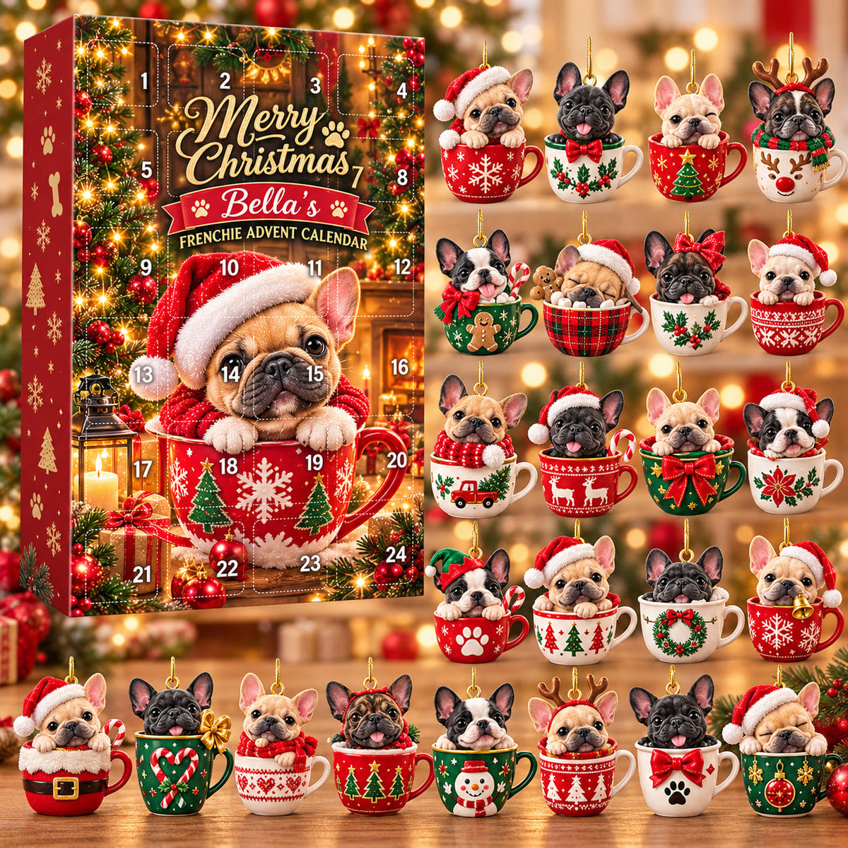 Personalized Christmas French Bulldog Advent Calendar 2026 – Cute Frenchie in a Mug Acrylic Ornaments