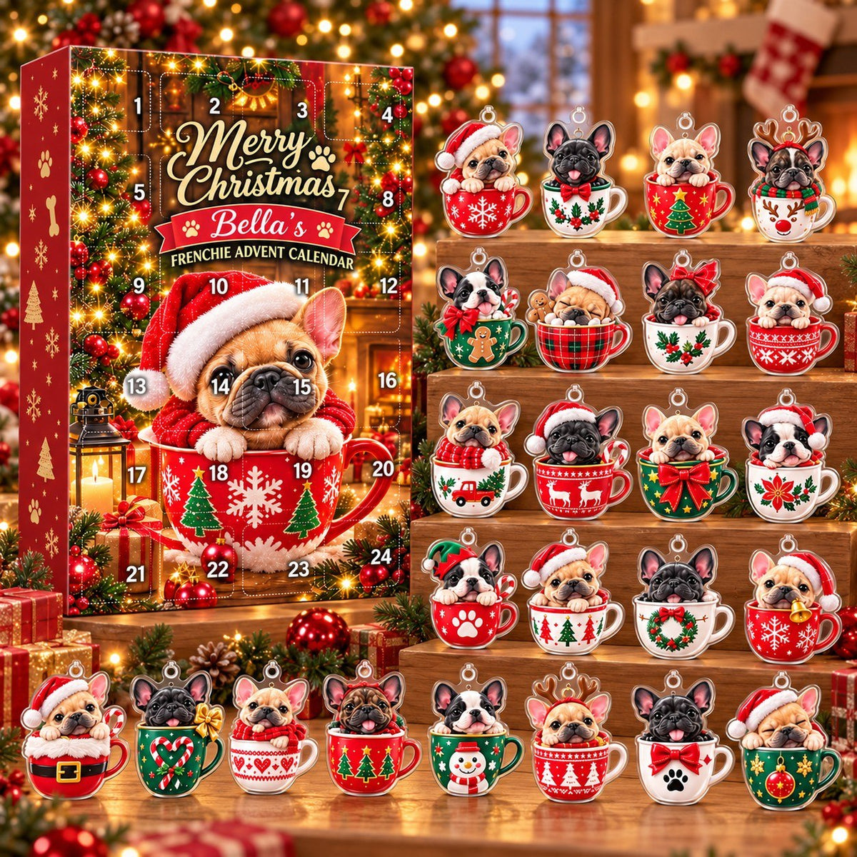 Personalized Christmas French Bulldog Advent Calendar 2026 – Cute Frenchie in a Mug Acrylic Ornaments