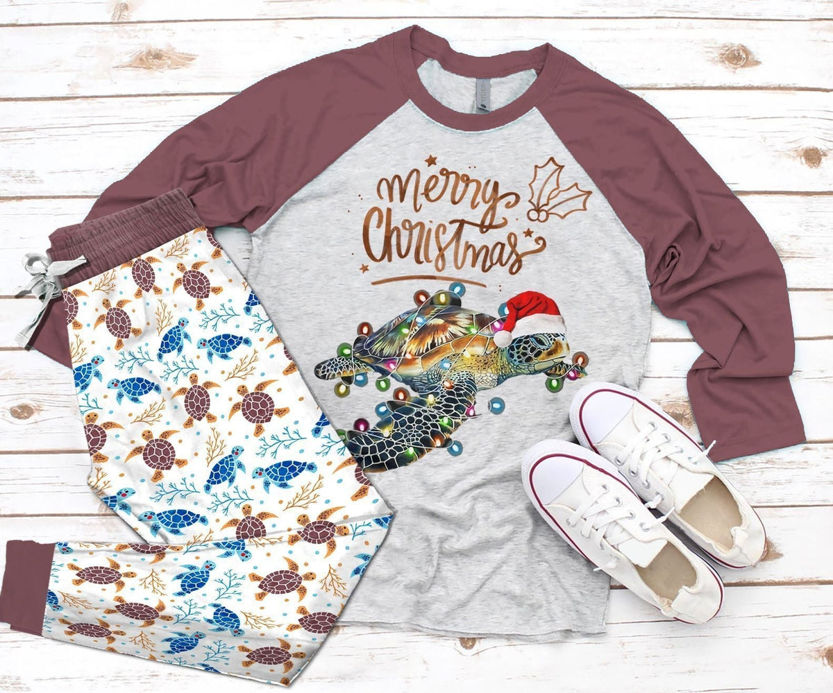 Sea Turtle Purple Good Pajama Set |Sleepwear Pjs Sets | Raglan Shirt Pants Set