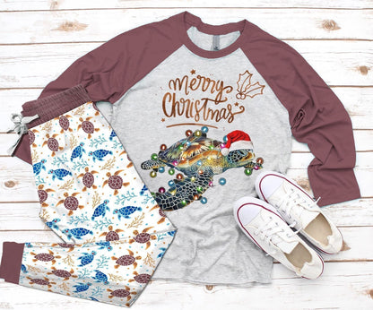 Sea Turtle Purple Good Pajama Set |Sleepwear Pjs Sets | Raglan Shirt Pants Set