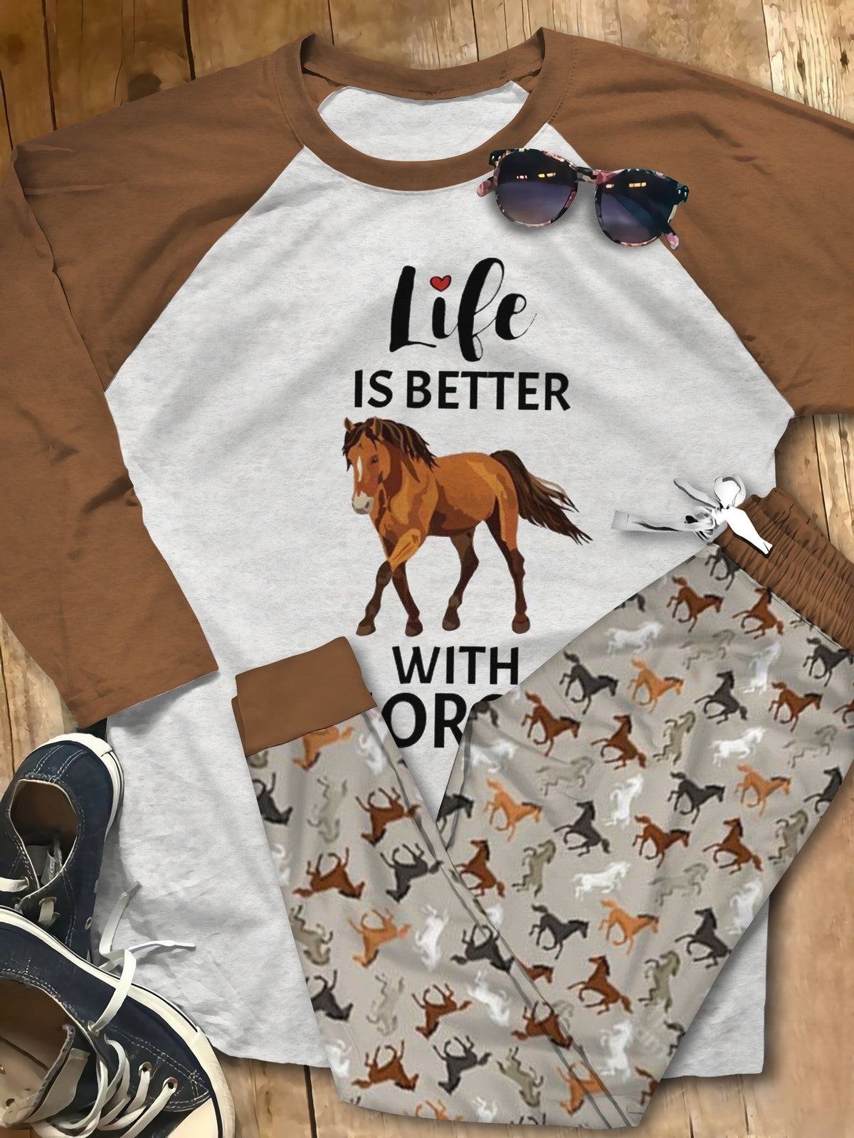 Horse Life Is Better With Horse Brown Pajama Set |Sleepwear Pjs Sets | Raglan Shirt Pants Set