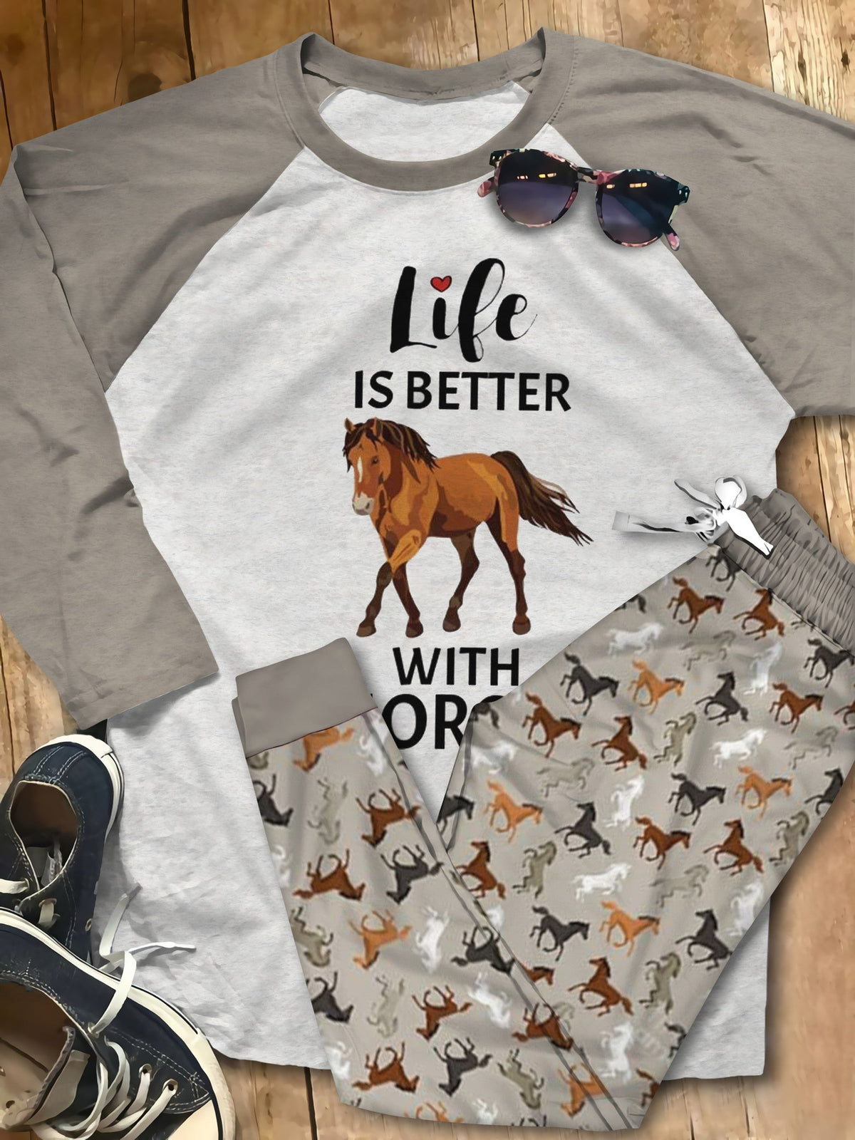 Horse Life Is Better With Horse Brown Pajama Set |Sleepwear Pjs Sets | Raglan Shirt Pants Set