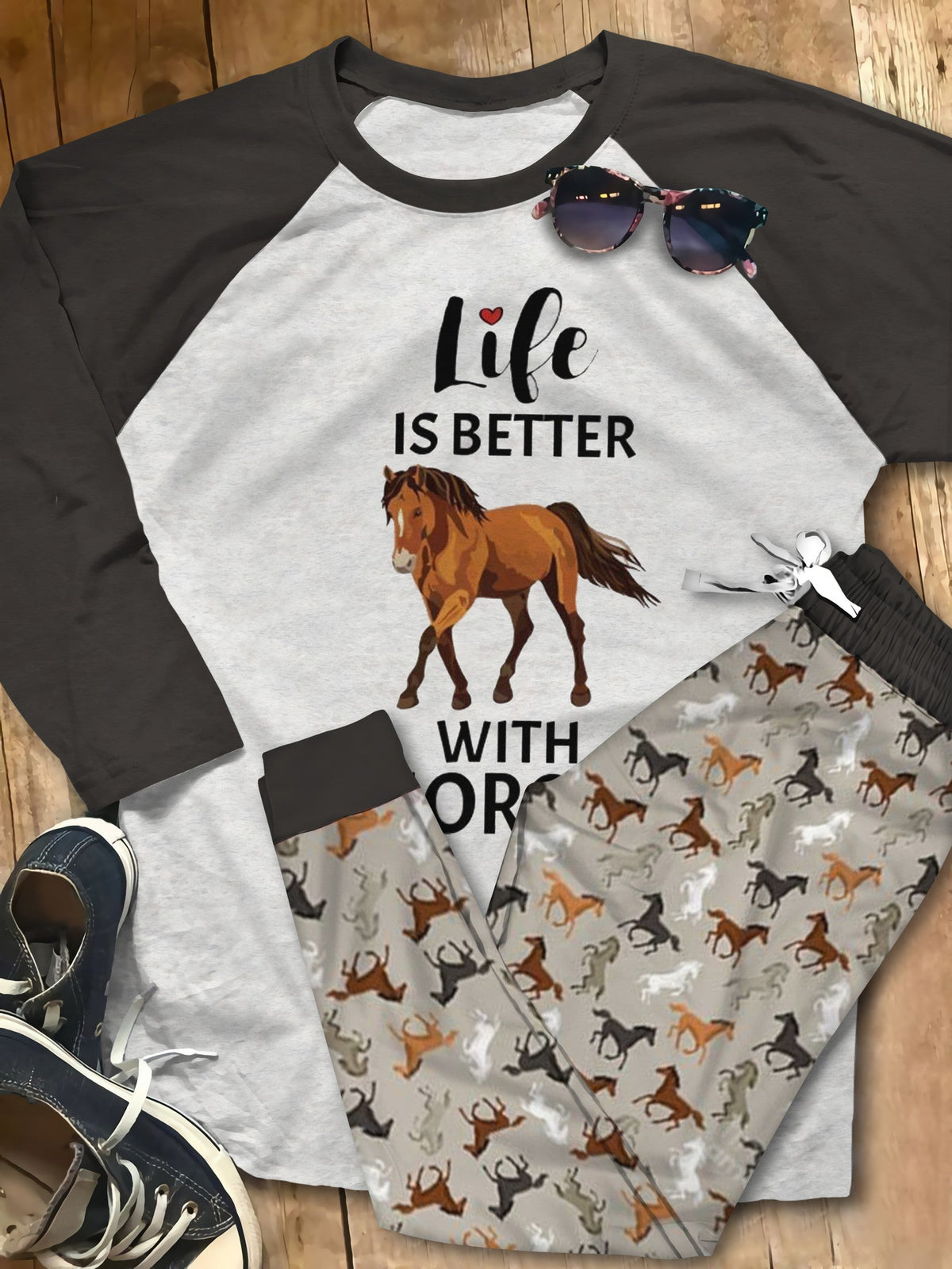 Horse Life Is Better With Horse Brown Pajama Set |Sleepwear Pjs Sets | Raglan Shirt Pants Set
