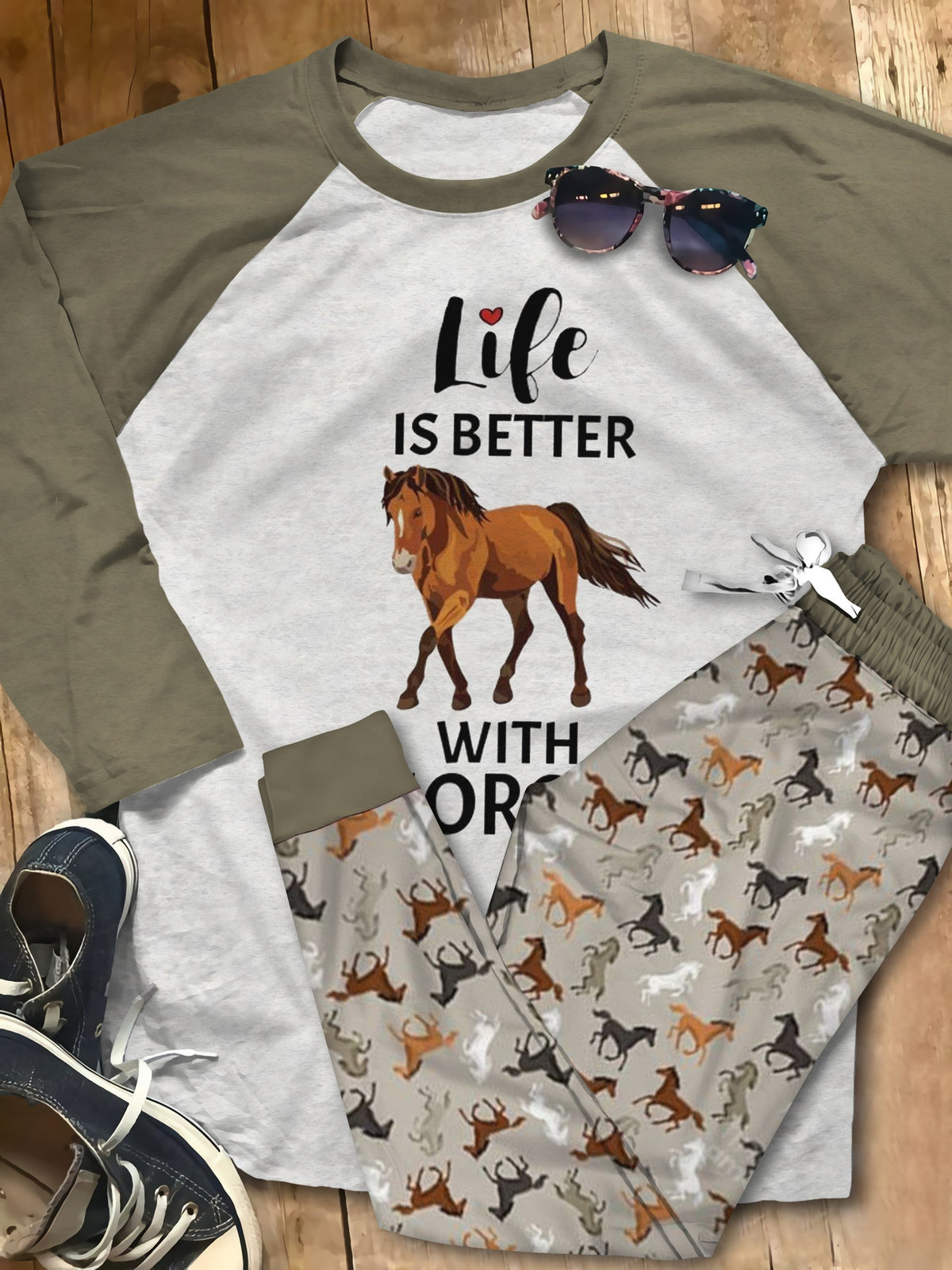 Horse Life Is Better With Horse Brown Pajama Set |Sleepwear Pjs Sets | Raglan Shirt Pants Set