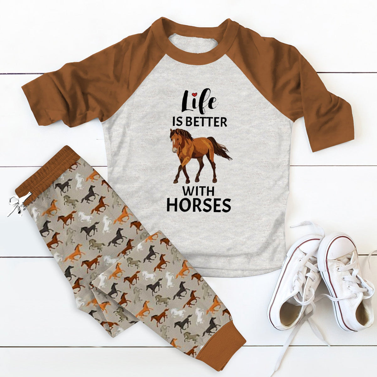 Horse Life Is Better With Horse Brown Pajama Set |Sleepwear Pjs Sets | Raglan Shirt Pants Set