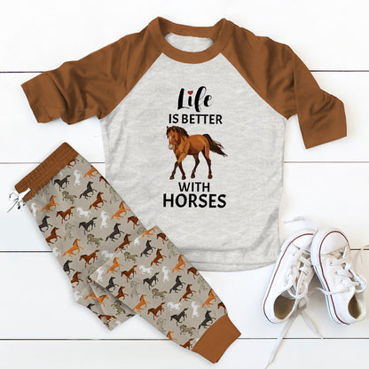 Horse Life Is Better With Horse Brown Pajama Set |Sleepwear Pjs Sets | Raglan Shirt Pants Set