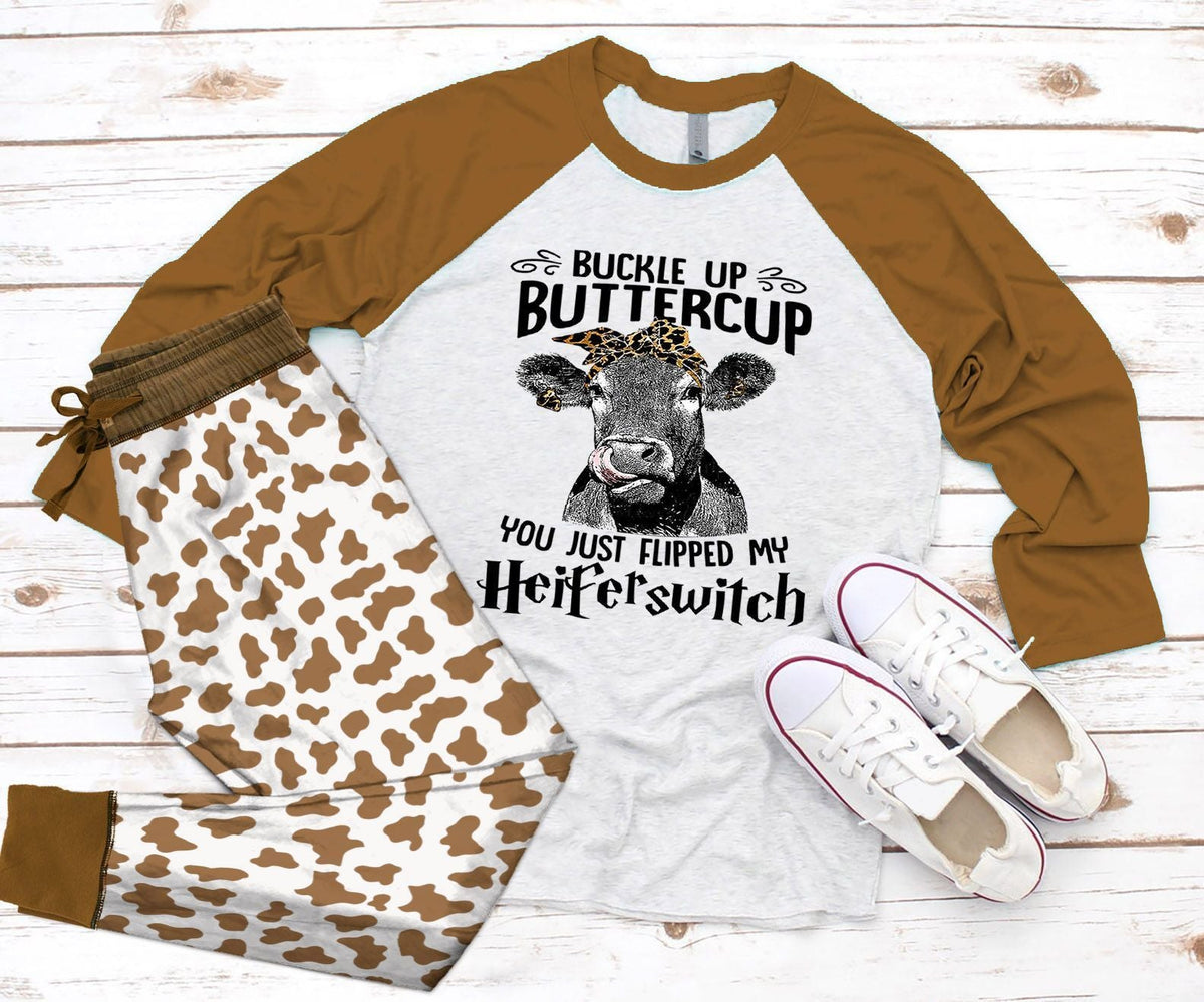 Cow Heifer Switch Pajama Set |Sleepwear Pjs Sets | Raglan Shirt Pants Set