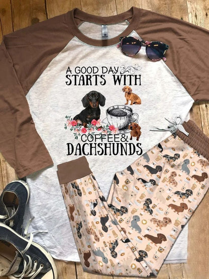 Dachshund Together With Coffee Brown Awesome Pajama Set |Sleepwear Pjs Sets | Raglan Shirt Pants Set