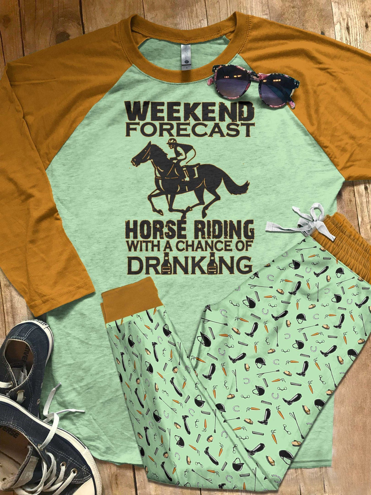 Horse Riding Weekend Forecast Brown Unique Pajama Set |Sleepwear Pjs Sets | Raglan Shirt Pants Set