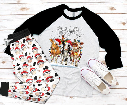 Cow Christmas Pajama Set |Sleepwear Pjs Sets | Raglan Shirt Pants Set