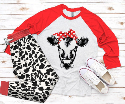 Cow Cow With A Red Headband Red Best Pajama Set |Sleepwear Pjs Sets | Raglan Shirt Pants Set