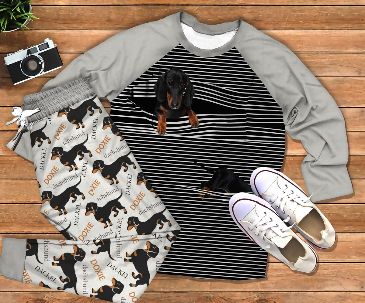 Dachshund Doxie Grey Nice Pajama Set |Sleepwear Pjs Sets | Raglan Shirt Pants Set