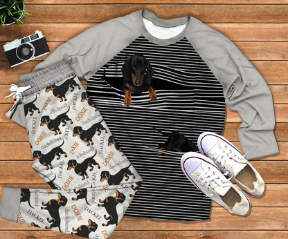 Dachshund Doxie Grey Nice Pajama Set |Sleepwear Pjs Sets | Raglan Shirt Pants Set