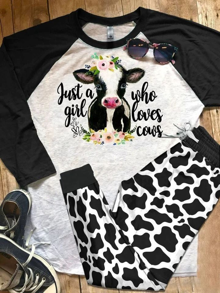 Cow Just A Girl Who Loves Cows Wm Awesome Pajama Set |Sleepwear Pjs Sets | Raglan Shirt Pants Set