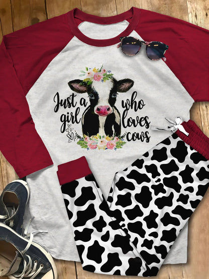 Cow Just A Girl Who Loves Cows Wm Awesome Pajama Set |Sleepwear Pjs Sets | Raglan Shirt Pants Set