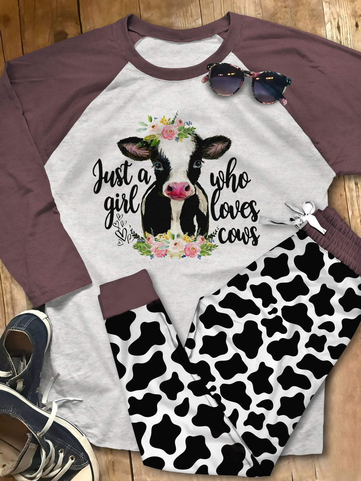 Cow Just A Girl Who Loves Cows Wm Awesome Pajama Set |Sleepwear Pjs Sets | Raglan Shirt Pants Set