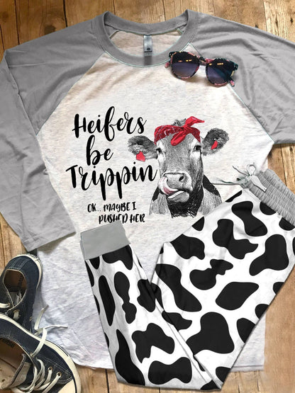 Cow Grey Unique Pajama Set |Sleepwear Pjs Sets | Raglan Shirt Pants Set