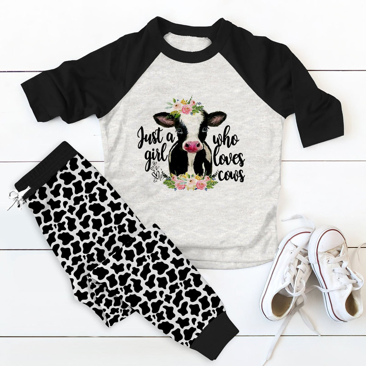 Cow Just A Girl Who Loves Cows Wm Awesome Pajama Set |Sleepwear Pjs Sets | Raglan Shirt Pants Set