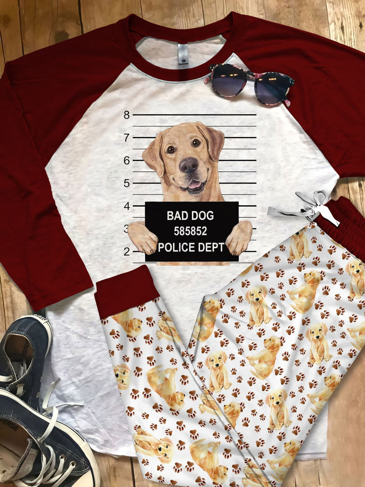 Labrador Retriever Bad Dog Red Amazing Pajama Set |Sleepwear Pjs Sets | Raglan Shirt Pants Set
