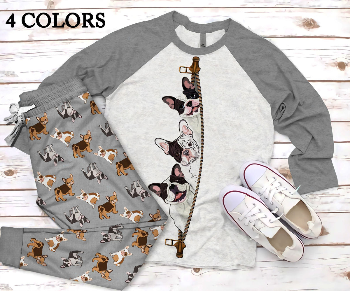 French Bulldog Zipper Pajama Set |Sleepwear Pjs Sets | Raglan Shirt Pants Set