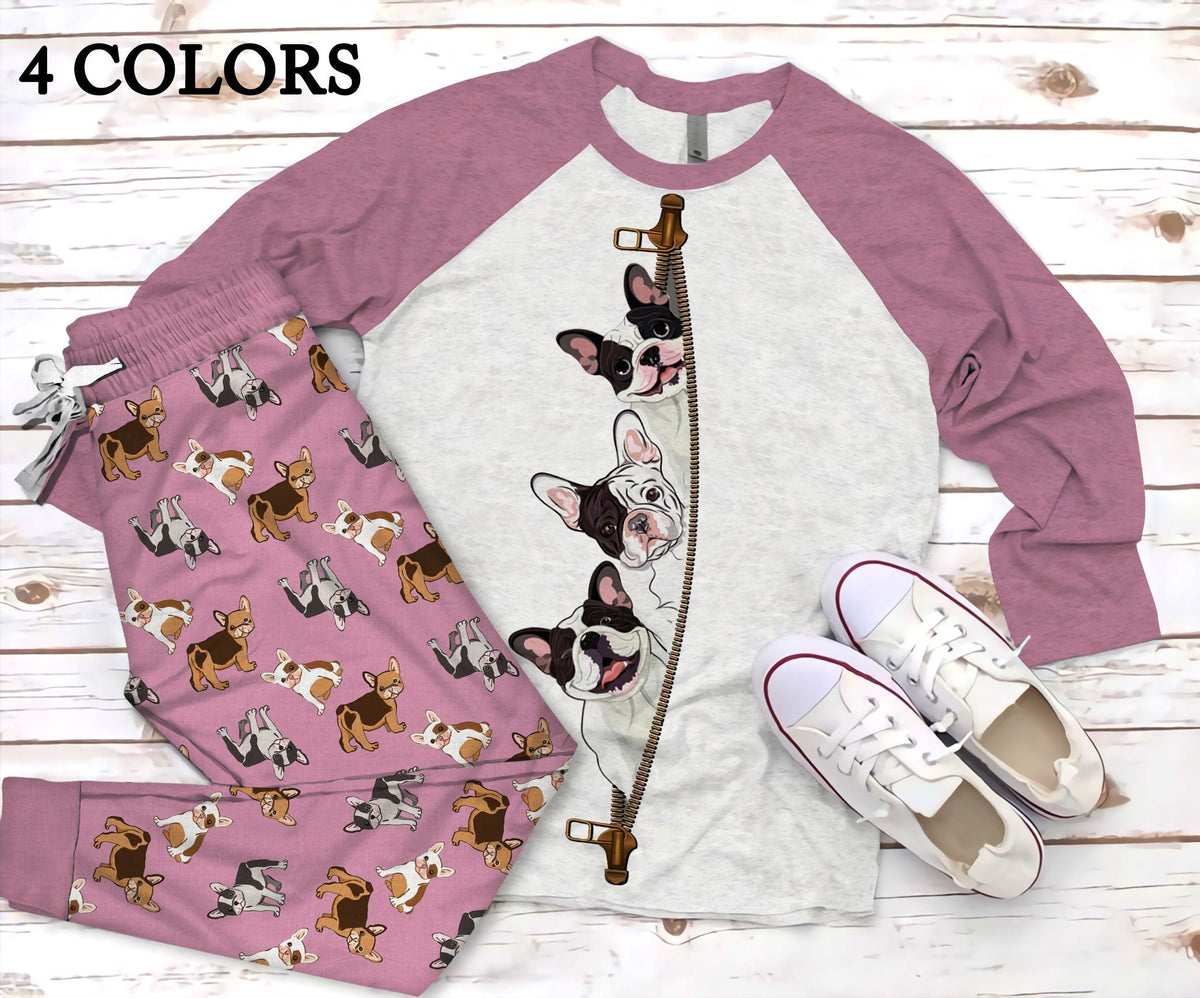 French Bulldog Zipper Pajama Set |Sleepwear Pjs Sets | Raglan Shirt Pants Set