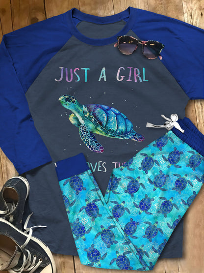 Sea Turtle Set Just A Girl Who Loves Sea Turtle Pajama Set |Sleepwear Pjs Sets | Raglan Shirt Pants Set