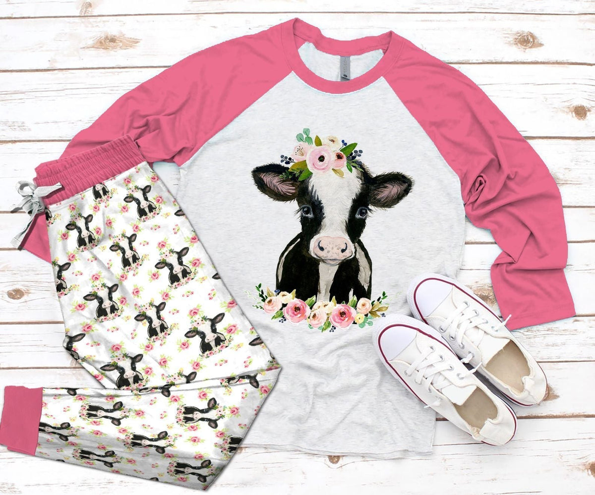 Cow Pink Amazing Pajama Set |Sleepwear Pjs Sets | Raglan Shirt Pants Set