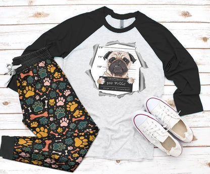 Pug Bad Puppy Black Nice Pajama Set |Sleepwear Pjs Sets | Raglan Shirt Pants Set