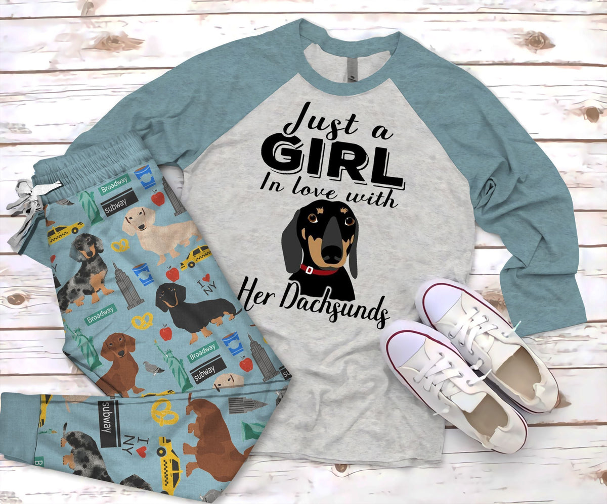Dachshund Just A Girl Pajama Set |Sleepwear Pjs Sets | Raglan Shirt Pants Set