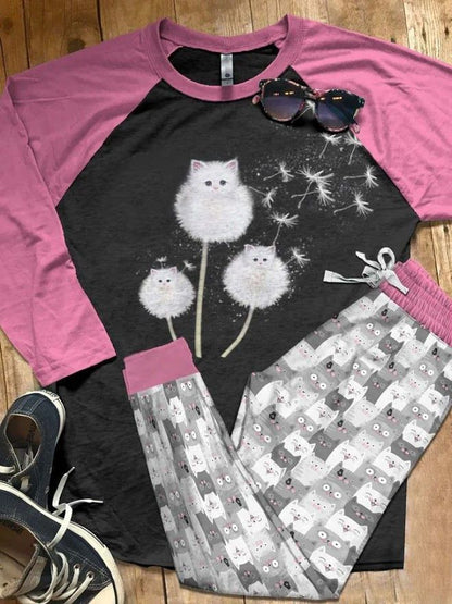 Cat Dandelion Pink Nice Pajama Set |Sleepwear Pjs Sets | Raglan Shirt Pants Set
