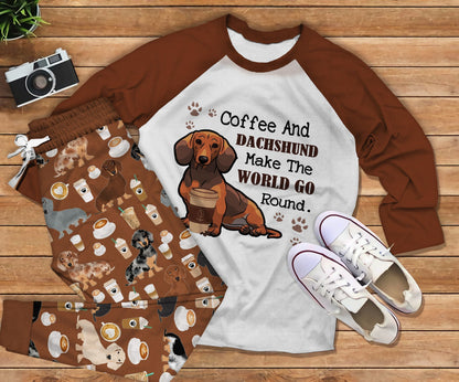 Dachshund Coffee And Dachshund Brown Nice Pajama Set |Sleepwear Pjs Sets | Raglan Shirt Pants Set