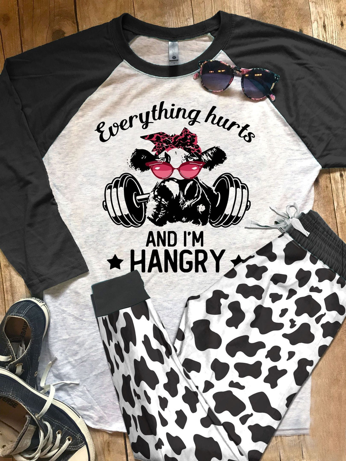 Cow Black Unique Pajama Set |Sleepwear Pjs Sets | Raglan Shirt Pants Set
