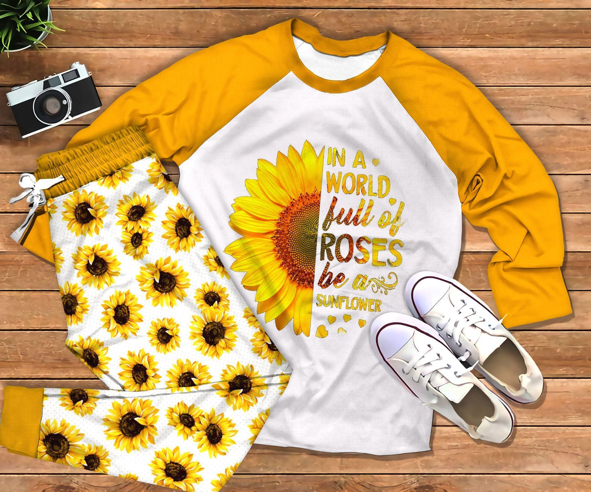 Hippie Sunflower Yellow Unique Pajama Set |Sleepwear Pjs Sets | Raglan Shirt Pants Set