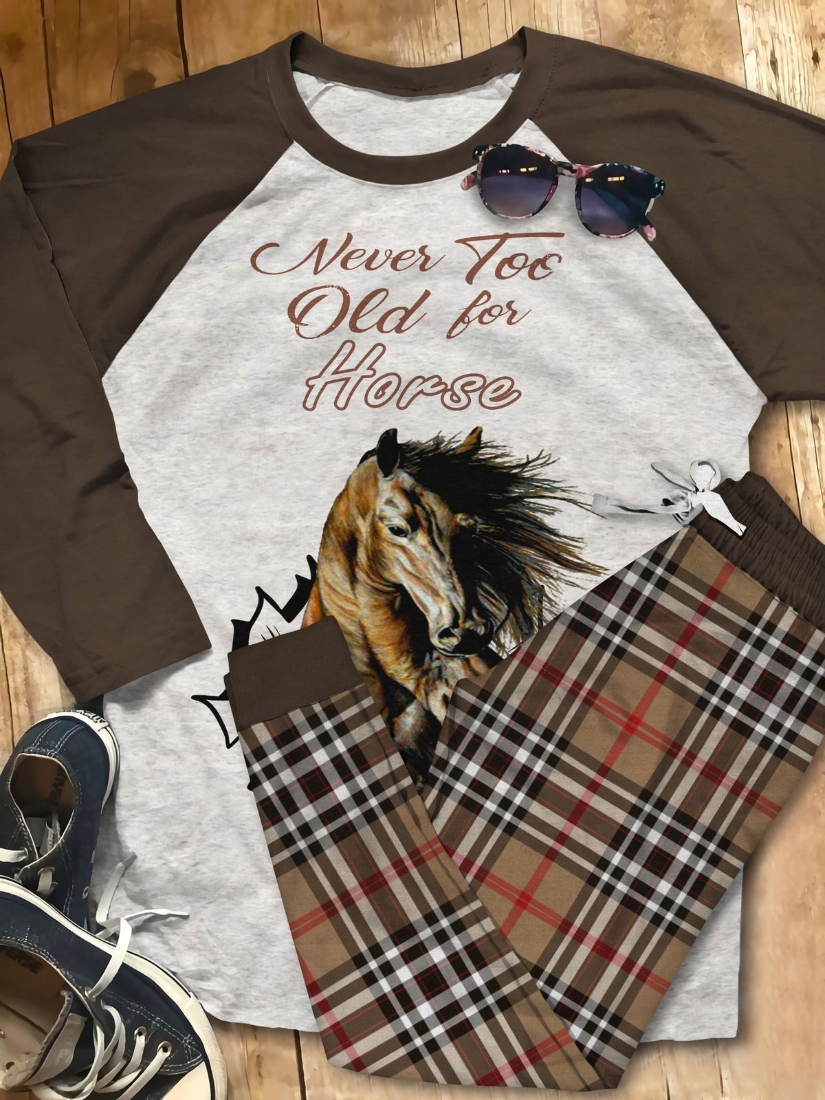 Horse Ver Too Old Dark Brown Amazing Pajama Set |Sleepwear Pjs Sets | Raglan Shirt Pants Set