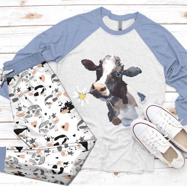 Cow Happy Cow Purple Good Pajama Set |Sleepwear Pjs Sets | Raglan Shirt Pants Set