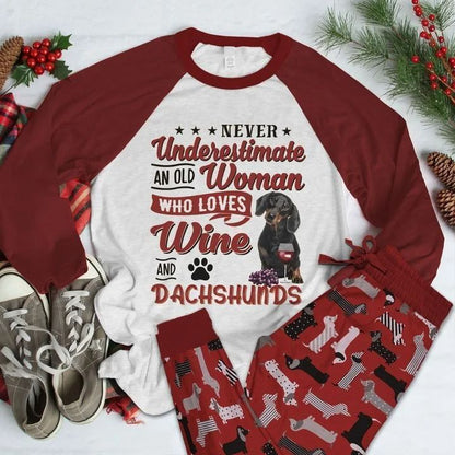 Dachshund Burgundy Amazing Pajama Set |Sleepwear Pjs Sets | Raglan Shirt Pants Set