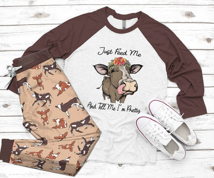 Cow Set Just Feed Me And Tell Me I'M Pretty Pajama Set |Sleepwear Pjs Sets | Raglan Shirt Pants Set